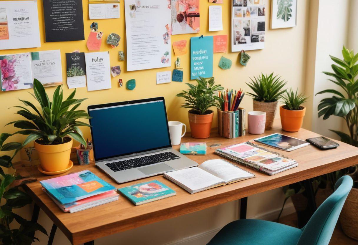 A vibrant and inviting workspace filled with colorful stationery, a laptop displaying a lifestyle blog, scattered trendy magazines, and a cup of coffee, surrounded by plants and inspirational quotes on the wall. The scene should evoke creativity, warmth, and a sense of community, showcasing the essence of lifestyle blogging. super-realistic. vibrant colors. cozy atmosphere.