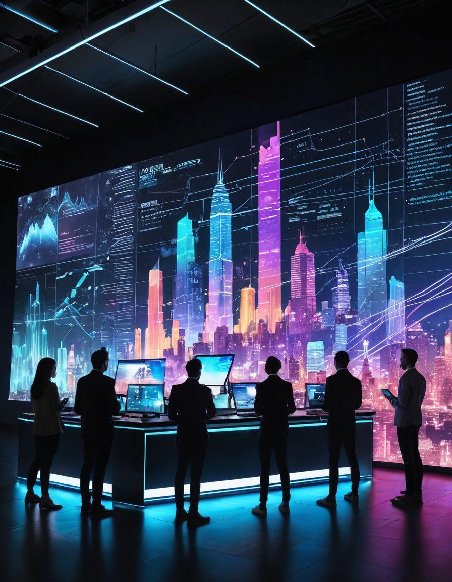 A dynamic scene showcasing a futuristic city skyline made of digital content elements like video screens, social media icons, and abstract data charts. In the foreground, a diverse group of creative individuals collaborates around a holographic display, analyzing insights and trends. The atmosphere is energetic, with bright neon colors and flowing data streams in the background, symbolizing innovation and progress. super-realistic. vibrant colors. 3D.